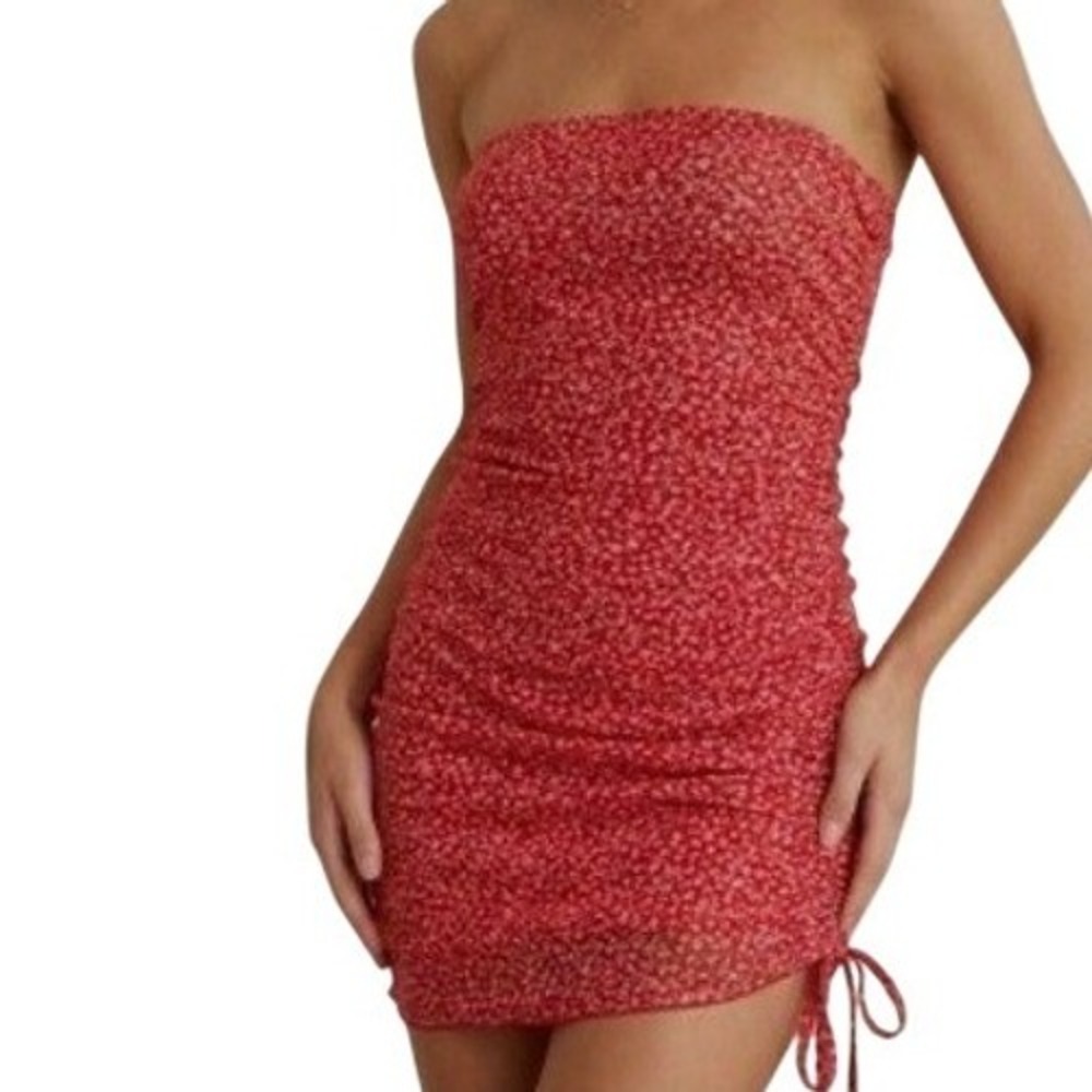 Red Floral Mesh Ruched Strapless Bodycon Mini Dress XS Coquette‎ Y2K Romantic